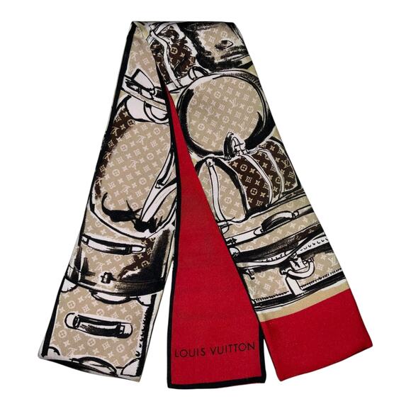 Louis Vuitton Bandeau Tribute Two Red Beige Silk Scarf W/Box - Picture 4 of 11
